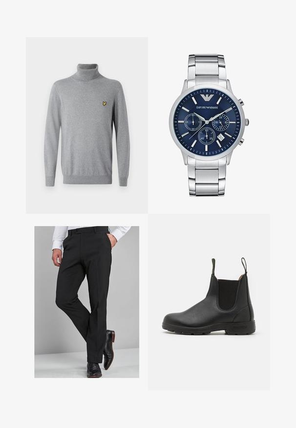 Grauer Rollkragenpullover aus weichem Stoff, mit slim fit und einem kleinen gestickten gelben Logo auf der Brust.; Schwarze Anzughose mit taillierter Passform, die über eine glatte Textur, gerade Beine und Gürtelschlaufen verfügt, kombiniert mit polierten schwarzen Anzugschuhen.; Schwarze Leder-Chelsea-Stiefel mit elastischen Seiteneinsätzen, Zugschlaufe, robustem Gummisohle und gestickten Details. Glatte Oberfläche.; Emporio Armani Chronograph - silver-coloured