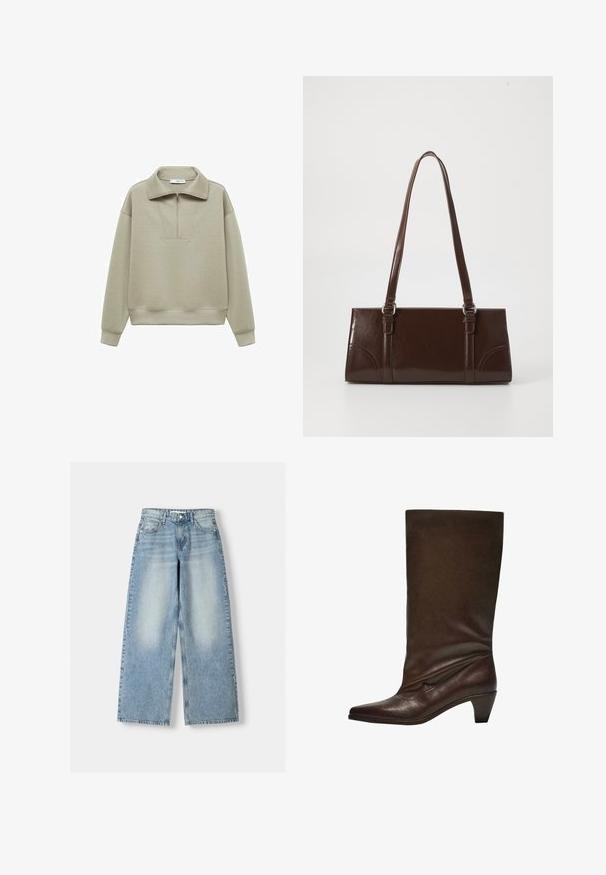 Hanorac de culoare verde deschis cu fermoar pe un sfert, guler înalt și mâneci lungi. Material moale, texturat, cu manșete și tiv cu țesătură în relief. Design minimalist.; Jeans din denim de un albastru deschis, cu croială evazată și talie înaltă, având un finisaj decolorat, cinci buzunare și tăietură dreaptă.; Bota din piele maro închis, până la jumătatea gambei, cu toc joas pe fir, vârf ascuțit și o tulpină ușor lăsată, pe un fundal alb.; Geantă din piele patent maro, cu o formă rectangulară, două mânere lungi și accente ușor curbe pe față.