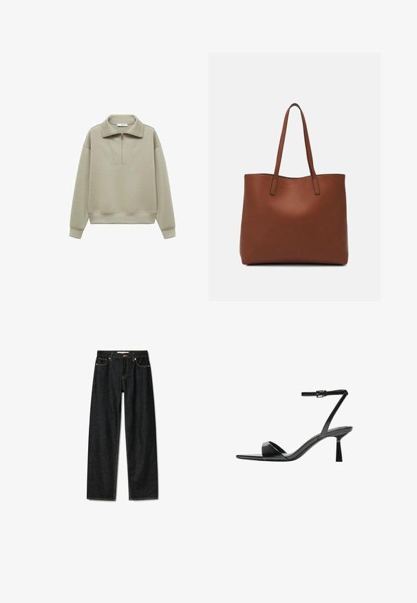 Helles grünes Sweatshirt mit einem Viertelreißverschluss, hohem Kragen und langen Ärmeln. Weicher, strukturierter Stoff mit gerippten Bündchen und Saum. Minimalistisches Design.; Dunkelblaue Jeans mit geradem Schnitt, Messingknopfverschluss und kontrastierenden gelben Nähten. Verfügt über fünf Taschen und eine klassische Passform.; Bershka High Heel Sandalette - black; Braune Leder-Tote mit glatter Textur, offenem Oberteil und zwei Schulterriemen. Verfügt über minimale Nähte und keine sichtbaren Beschläge.