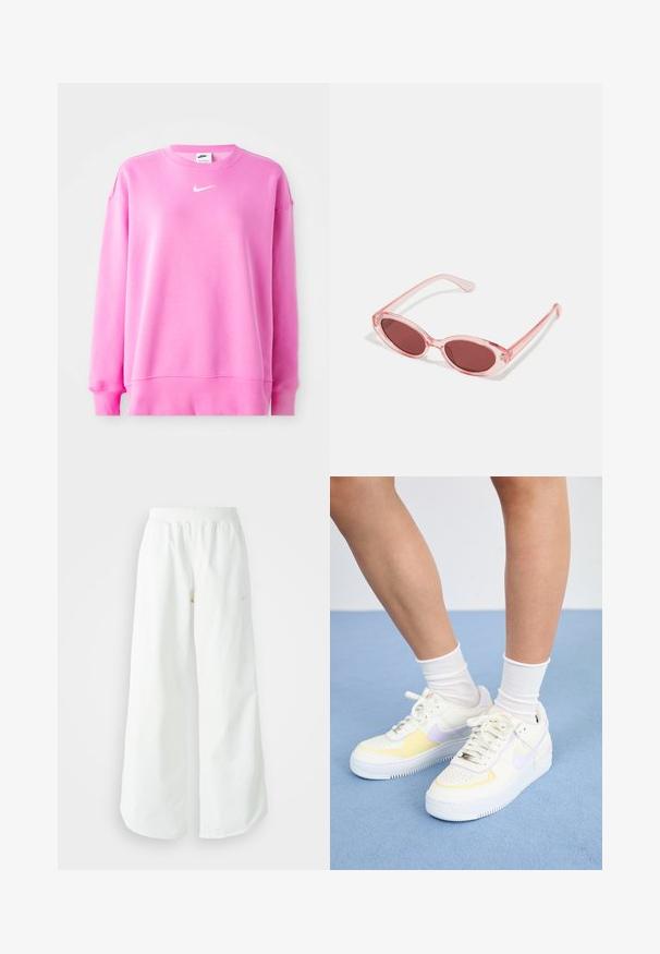 Sweatshirt rosa da Nike com gola redonda, mangas longas e um logo branco no peito. Tecido macio com punhos e barra canelados.; Calças atléticas largas brancas com uma cintura canelada e um discreto detalhe de logótipo. Tecido suave com um corte relaxado e terminações ajustadas.; Sneakers de couro branco com detalhes em amarelo e lavanda, bico arredondado, cadarços planos e sola de borracha texturizada. Usados com meias brancas.; Óculos de sol transparentes rosa com lentes ovais, tonalidade vermelha escura e hastes delicadas, apresentando um acabamento suave e detalhes subtis na armação.