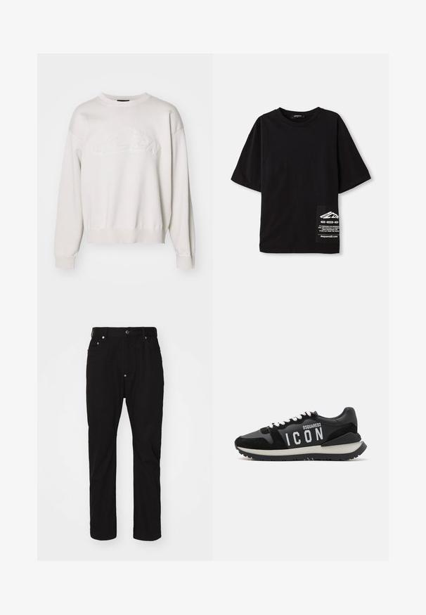 White knit sweatshirt with a round neckline and ribbed hem. Features a textured logo design on the front and drop shoulder sleeves.; Black oversized t-shirt made of cotton, featuring short sleeves, a round neckline, and a label with white text on a side patch pocket.; Black cotton trousers with a straight fit, button closure, five-pocket design, and subtle texture. No visible embellishments or patterns.; Black sneakers made of leather and suede, featuring a white "ICON" logo and contrasting black outsole. Laces are white; design is sporty.