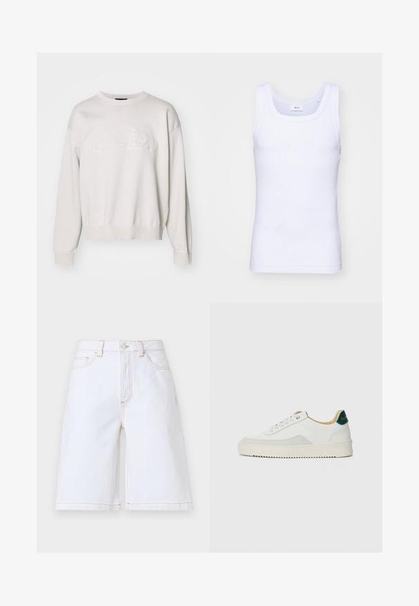 Bílá pletená mikina s kulatým výstřihem a žebrovaným lemem. Má texturovaný design loga na přední straně a rukávy s kleslými rameny.; Bílé bavlněné tílko bez rukávů s kulatým výstřihem, s hladkou texturou a přiléhavým střihem, navržené pro volnočasové nošení.; Bílé džíny šortky s rovný střih, pěti kapsami a kontrastním béžovým prošíváním. Obsahují přední zapínání na knoflík a zip.; Bílé tenisky se semišovými prvky, kulatou špičkou, plochými tkaničkami a krémovou gumovou podrážkou. Na patě mají zelené logo.