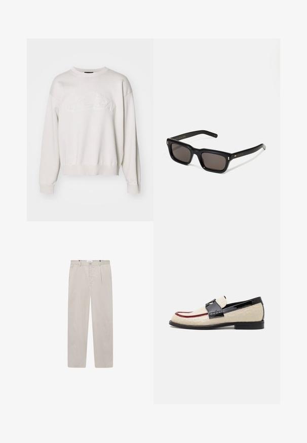 Sweatshirt en tricot blanc avec un col rond et un ourlet côtelé. Présente un design de logo texturé à l'avant et des manches tombantes.; Pantalons beige clair en tissu doux, présentant une coupe droite, deux poches latérales et une fermeture par bouton à l'avant. Texture légère et lisse.; Mocassins beige avec un motif en relief, une bande accentuée rouge et un talon noir brillant. Ils disposent d'une lanière avec une boucle décorative. Semelle noire plate.; Lunettes de soleil noires rectangulaires avec des verres foncés, monture en plastique épais, accents dorés sur les branches et logo de la marque gravé sur le bras.