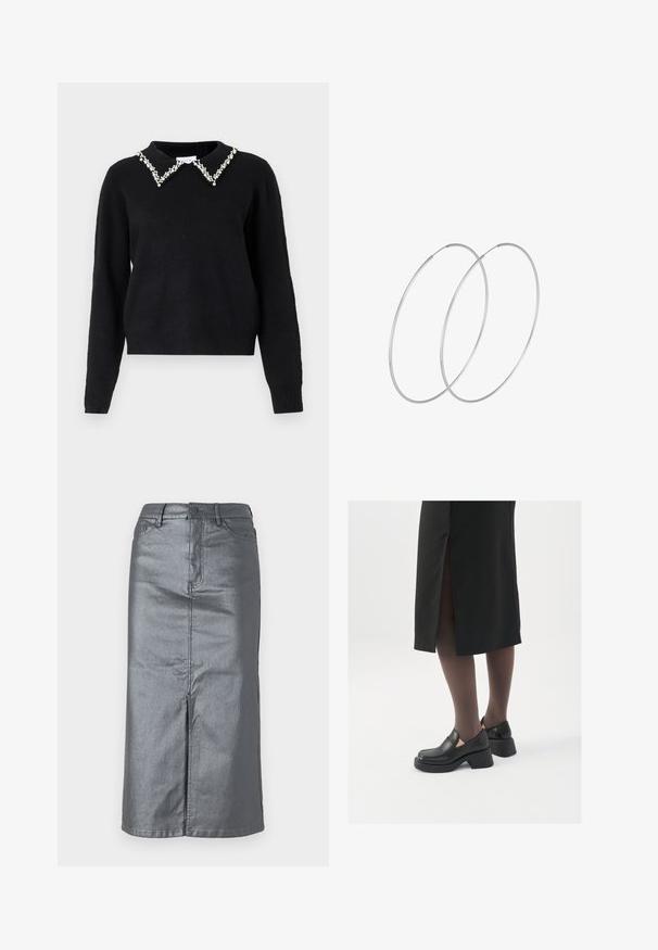 VILA VIPEARL czarny; Metaliczna szara spódnica dżinsowa o prostym kroju, z rozcięciem z przodu, pięcioma kieszeniami i zapięciem na guzik w talii. Widoczne są płaskie szwy.; Czarne skórzane buty z okrągłym noskiem, grubym blokowym obcasem i elastycznymi akcentami po bokach, zestawione z ciemnymi rajstopami i czarną spódnicą z rozcięciem.; Srebrne kolczyki w formie obręczy o minimalistycznym designie. Okrągły kształt, gładka faktura i cienki profil. Lekkie, z polerowanym wykończeniem.