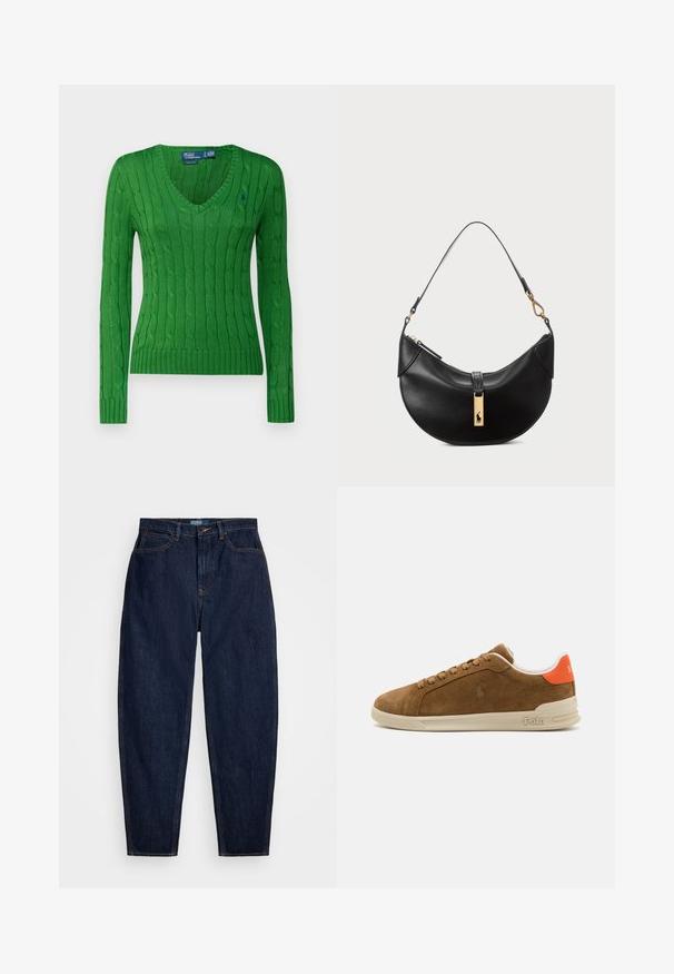 Polo Ralph Lauren CABLE KNIT COTTON V NECK SWEATER - Svetr - fiji green; Tmavě modré džíny s rovnou nohavicí, se oranžovým prošíváním, předním zapínáním na knoflík a pěti kapsami.; Hnědé semišové tenisky s krémovou gumovou podrážkou, vybavené oranžovými akcenty na patě a malým detailem loga na boku.; Černá kožená kabelka ve tvaru půlměsíce. Obsahuje zlaté kovové detaily a úzký popruh. Hladký povrch, zapínání na zip na vrchu.