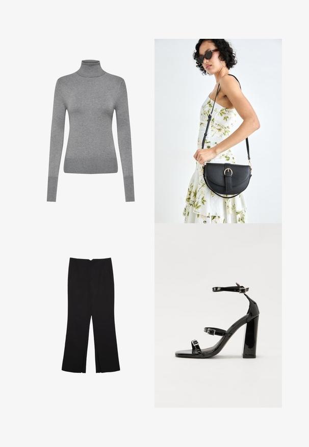 ONLY ONLVENICE jasnoszary; Czarne spodnie o prostym kroju, z przednimi kieszeniami i bocznymi rozcięciami na dole. Wykonane z miękkiego, gładkiego materiału. Odpowiednie na różne okazje.; Czarne lakierowane sandały na obcasie z kwadratowym noskiem, z paskami wokół kostki i srebrnymi klamrami. Posiadają masywny słupek dla stabilności.; Czarna skórzana torebka o zakrzywionym kształcie, z odpinanym paskiem i złotymi akcentami. Torebka posiada klapę z zapięciem w kształcie klamry.