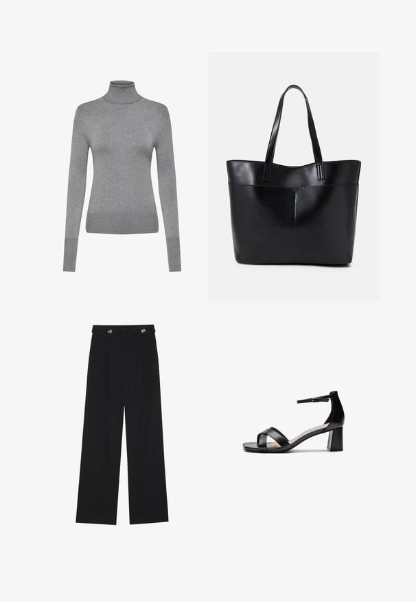 ONLY ONLVENICE ROLLNECK - Strickpullover - light grey melange; Schwarze weite Hosen mit hoher Taille, Knopfdetails am Bund und vorderen Falten.; Schwarze offene Sandale mit Absatz, gekreuzten Riemen, verstellbarem Knöchelriemen und einem klobigen Absatz, ausgestattet mit einer glatten Ledertextur.; Schwarze Leder-Shopper-Tasche mit zwei langen Griffen, einer glatten Textur und einer strukturierten Form. Verfügt über eine Vordertasche für zusätzlichen Stauraum.