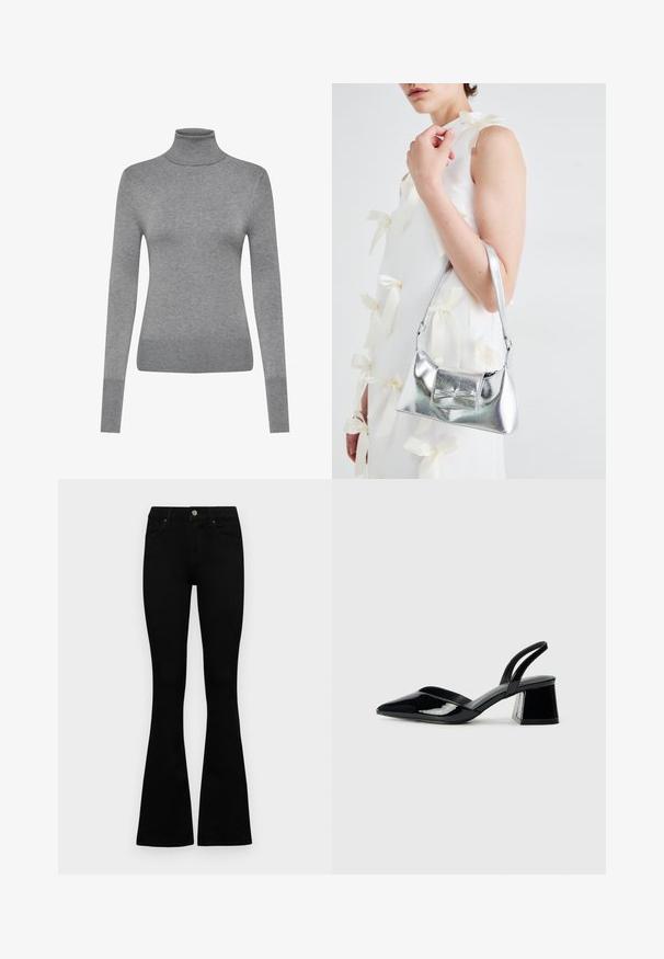 ONLY ONLVENICE ROLLNECK - Maglione - light grey melange; Jeans neri a vita alta con chiusura a bottoni e zip, tasche frontali e gambali svasati, distesi su uno sfondo bianco.; Décolleté in vernice nera con punta affusolata e tacco in geometria cubica. Presentano un design elegante e minimalista, con una texture liscia.; Borsa a mano metallica argento con forma strutturata, dotata di manico superiore e dettaglio a fiocco sulla parte frontale. Texture liscia e finitura riflettente.