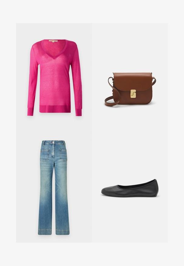 Fuksia pikkade varrukatega V-kaelusega sviiter, mis on valmistatud kergest ja läikivast materjalist. Omab soonikserva ja mansetid, üldiselt sile tekstuur.; Valge lühikeste varrukatega T-särk ribatud kangast. Ümara kaelusega, tavalisest sobivusest ja peente õmbluse detailidega. Ilma mustrite või graafikateta.; Heledad sinine denimist laienevad teksad viie tasku, vöödega, nööbiga kinnitusega ja kergelt tuhmise tekstuuriga, tagaküljel punane logo detail.; Musthave mustika tantsutossud mustast nahast, ümmarguse varbaga, siledast tekstuurist, minimaalse õmblusdetailiga ja paindliku tallakujundusega.; Pruunist nahast käekott, millel on klapiga sulgur, kuldne riistvara, õlarihm ja sile tekstuur. Kompaktne ristkülikukujuline vorm.