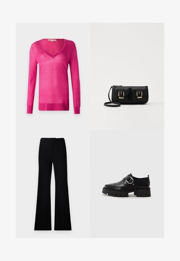 Fuchsie Langarm-V-Ausschnitt-Pullover aus leichtem, transparentem Material. Verfügt über einen gerippten Saum und Bündchen sowie eine insgesamt glatte Textur.; Schwarze ausgestellte Hose mit einer glatten Textur, tailliertem Bund und Fronttaschen, entworfen mit einer eleganten, modernen Silhouette.; Schwarze Leder Schuhe mit einer dicken, gerippten Sohle, die mit einer runden silbernen Hardware-Akzent und minimalen Stickdetails ausgestattet sind.; Schwarze Leder-Umhängetasche mit zwei vorderen Taschen, goldenen Schnallen, Reißverschluss und einem schmalen Tragegurt. Texturierte Oberfläche und kompakte rechteckige Form.