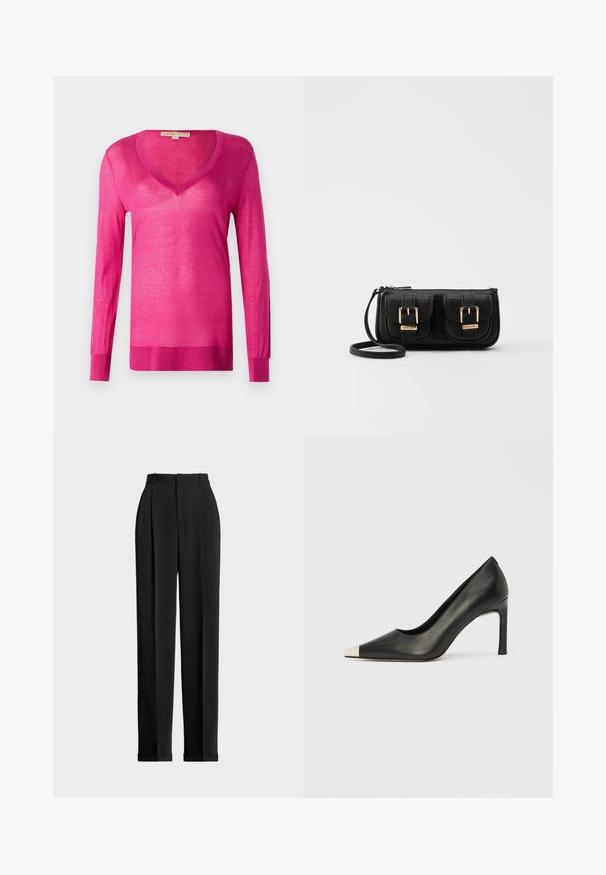 Pull-over fuchsia à manches longues et en V, fabriqué à partir d'un matériau léger et transparent. Présente un ourlet et des poignets côtelés, avec une texture lisse dans l'ensemble.; Pantalons noirs ajustés à taille haute, dotés de plis à l'avant, d'une coupe droite et d'un ourlet à revers. Fabriqués en tissu lisse.; Chaussure à talon haut en cuir noir avec bout pointu et capuchon argenté métallique. Présente une finition lisse et un talon fin de 10 cm.; Sac en cuir noir porté en travers avec deux poches avant, boucles dorées, fermeture zippée et une sangle fine. Surface texturée et forme rectangulaire compacte.