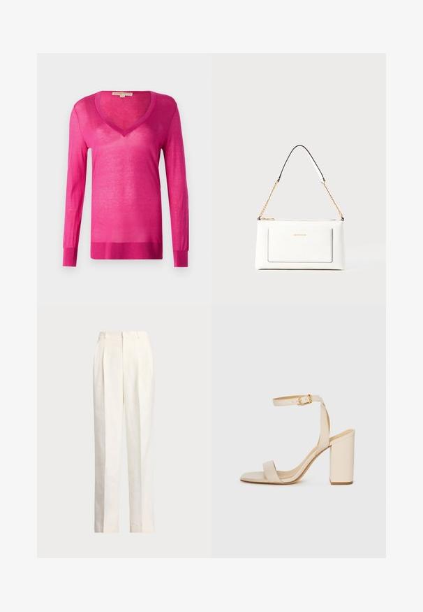 Fuksia pitkähihaiset V-pääkkeiset neule, joka on valmistettu kevyestä ja läpikuultavasta materiaalista. Sisältää ribbireunat ja hihansuut, yleisilmeeltään sileä.; Polo Ralph Lauren HEMP WIDE LEG PANT - Housut - nevis; Beige sandaalit korkealla korolla, jossa on neliömäinen varvas, ohut nilkkaremmi ja paksu korko. Silkkinen nahkapinta kultaisella soljella.; Valkoinen nahkalaukku tekstuuripinnalla, jossa on kultaketjuolkaimet ja mustia yksityiskohtia. Mukana etutasku ja vetoketjusulku.