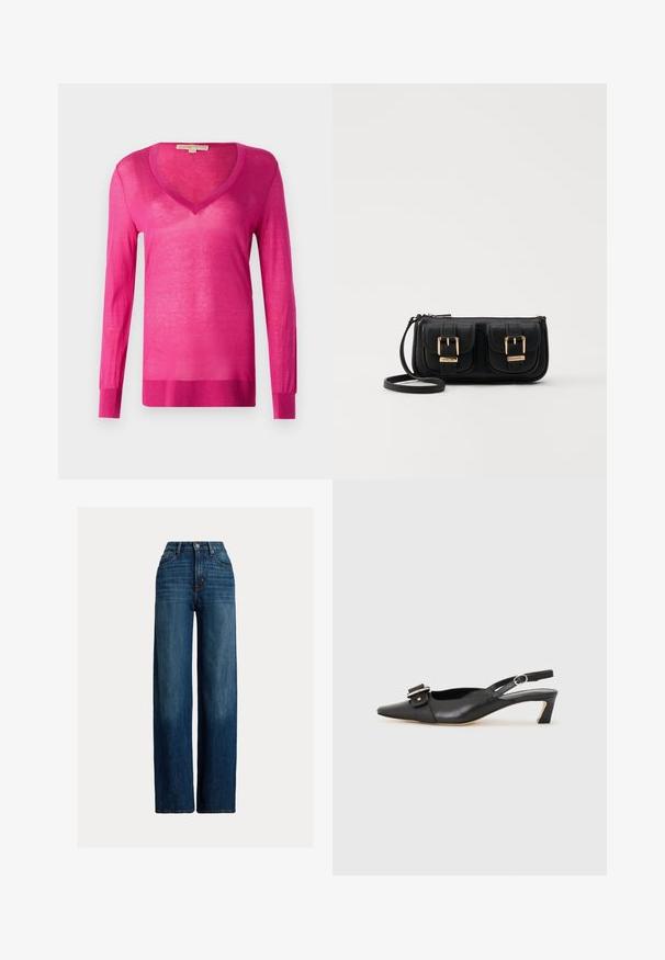 Fuksia pikkade varrukatega V-kaelusega sviiter, mis on valmistatud kergest ja läikivast materjalist. Omab soonikserva ja mansetid, üldiselt sile tekstuur.; Avarii jalgadega teksad tumedas sinises värvitoonis. Omab kõrget vöökohta, nööbiga sulgemist ja klassikalist viit taskut. Sile tekstuur kergete plekkidega.; Must must nahk slingback kingad terava varbaga, väikese kontsaga ja dekoratiivse pandlaga ülaosas. Sile tekstuur, minimalistlik disain.; Must küllastamata nahast õlakott, millel on kaks esist nähtavat taskut, kuldsed pandlad, tõmblukuga sulgemine ja peen rihm. Tekstuuriga pind ja kompaktne ristkülikukujuline kuju.