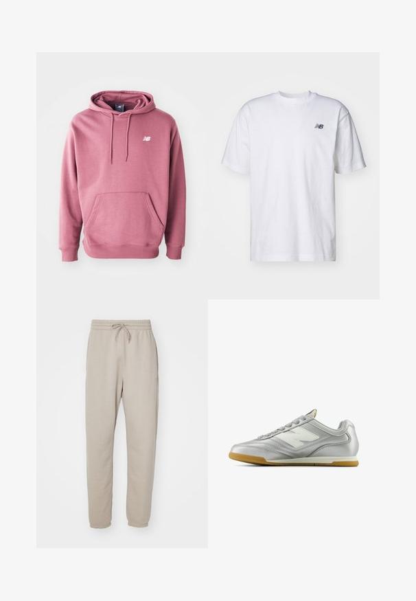 Hooded sweatshirt in dusty rose, made of soft fabric, featuring a front pocket and a white logo on the chest. Classic fit with ribbed cuffs.; White short-sleeve crew neck T-shirt with small black New Balance logo on left chest against a plain background.; Beige sweatpants made of soft fabric, featuring an elastic waistband with drawstring, side pockets, and tapered legs.; Silver athletic shoe with a smooth, shiny surface, white logo on the side, textured gray laces, and a gum rubber sole.