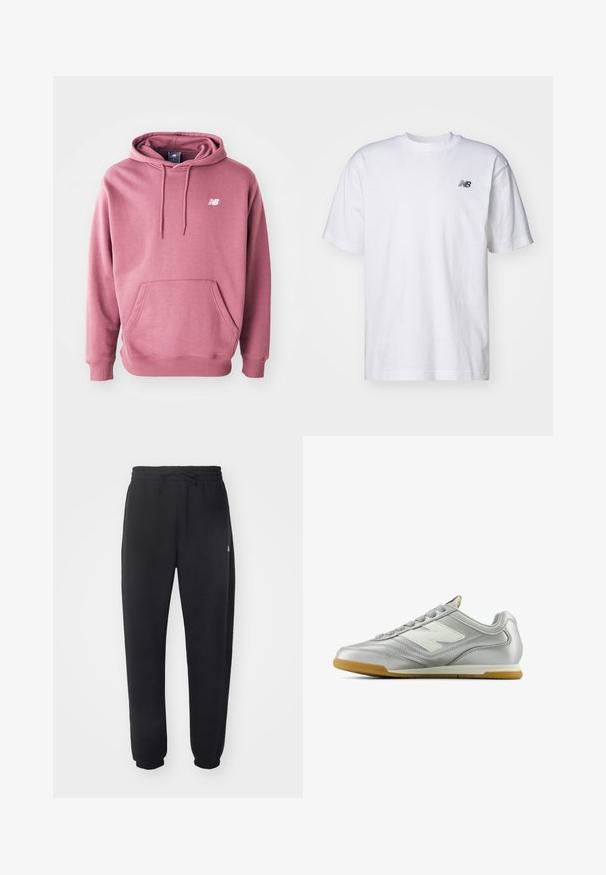 Felpa con cappuccio in rosa polveroso, realizzata in morbido tessuto, con tasca frontale e logo bianco sul petto. Vestibilità classica con polsini in costina.; T-shirt bianco a maniche corte con scollo rotondo e piccolo logo nero New Balance sul lato sinistro del petto, su uno sfondo neutro.; Pantaloni della tuta neri realizzati in materiale morbido con vita elastica, coulisse e polsini aderenti, caratterizzati da un logo sottile sul lato.; Scarpa sportiva argentata con una superficie liscia e lucida, logo bianco di lato, lacci grigi con texture e suola in gomma.