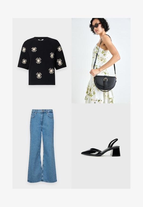 Črn pleteni pulover s kratkimi rokavi z vezenimi cvetličnimi motivi v kremni barvi, ki so enakomerno razporejeni po sprednji strani, ter rebrastim ovratnikom in robom.; Svetlo modri razširjeni džins hlače iz denima, z visokim pasom, petimi žepi in enim gumbom za zapiranje. Mehka tekstura z blagim zbledelim videzom.; Črne lakirane slingback pete s koničastim nosom in geometrijsko blokasto peto. Imajo eleganten, minimalističen dizajn in gladko teksturo.; Črna usnjena torbica s ukrivljeno obliko, z odstranljivo naramnico in zlatimi dodatki. Torbica ima pokrov s podrobnostmi v obliki zaponke.