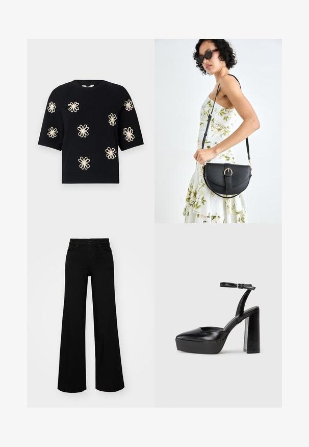 Maglione corto a maniche corte in maglia nera con motivi floreali ricamati in crema uniformemente distribuiti sulla parte anteriore e bordo a coste sul collo e sull'orlo.; Pantaloni neri a gamba larga in denim, con una vita strutturata, passanti per la cintura e tasche frontali. Texture liscia con un design classico.; Tacchi a piattaforma neri con punta appuntita e cinturino regolabile alla caviglia. Realizzati in pelle liscia, presentano un tacco a blocco spesso.; Borsa a tracolla nera in pelle con una forma curva, manico rimovibile e accessori dorati. La borsa presenta una patta con un dettaglio a fibbia.