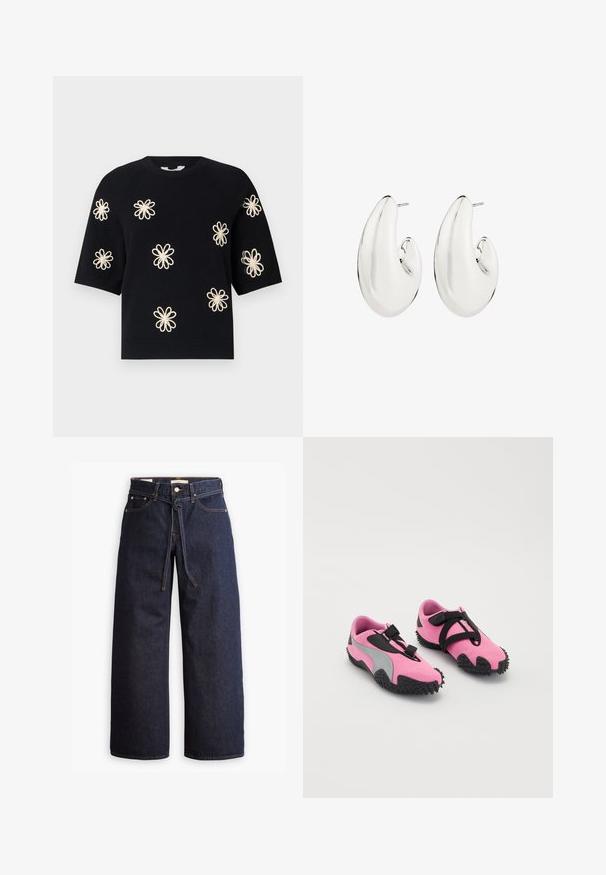 Juodas megztas trumpomis rankovėmis kardiganas su išsiuvinėtais kreminės spalvos gėlių raštais, tolygiai išdėstytais ant priekio, ir gumbuotu apykaklė ir apačia.; Plačios kojų tamsiai mėlynos džinsinės kelnės su aukštu liemeniu, turinčios raištį, penkias kišenes ir kontrastingas siūles.; Rožiniai sportiniai bateliai su tekstūruotu audiniu, pilkomis detalėmis ir guma padidinta padu, kuris turi smaigalius geresnei traukai. Juodi dirželiai užtikrina tinkamą prigludimą.; Sidabrinės spalvos auskarai su ilgaamžiu, kreiviu dizainu. Lygus, atspindintis paviršius su pradurimu ir tvirtinimu.