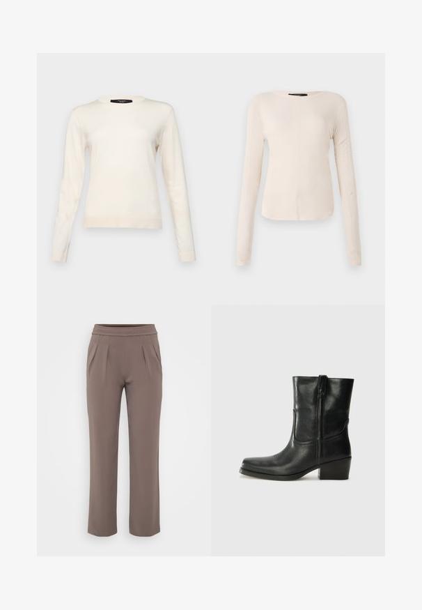 Weekend Max Mara SICILIA - Trui - latte; Langsleeve, lichtbeige top met een ronde halslijn. Gemaakt van zachte stof, heeft een centrale naad en een iets gebogen rand. Geen zichtbare hardware.; Taupe losvallende broek met elastische tailleband en voorplooien, gemaakt van zachte stof.; Zwarte leren enkellaars met een ronde neus, blokhak, zijrits en stikselaccenten op de wreef. Gladde textuur, klassiek ontwerp.