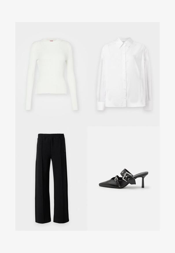 Weißer gerippter Pullover mit langen Ärmeln, taillierter Silhouette und Rundhalsausschnitt. Weiche Textur und dezenter Stretch. Mit geradem Saum abgeschlossen.; Weißes Langarm-Hemd mit Knopfverschluss aus einer glatten Baumwollmischung. Verfügt über einen klassischen Kragen, eine Frontknopfverschluss und abgerundete Manschetten.; Schwarze gerade Hosen mit elastischem Bund und subtiler Struktur im gesamten Stoff auf einem weißen Hintergrund.; Schwarze High-Heel-Mules mit spitzem Zeh aus glattem Leder. Mit einem breiten Knöchelriemen, der eine quadratische silberne Schnalle und Nieten aufweist.