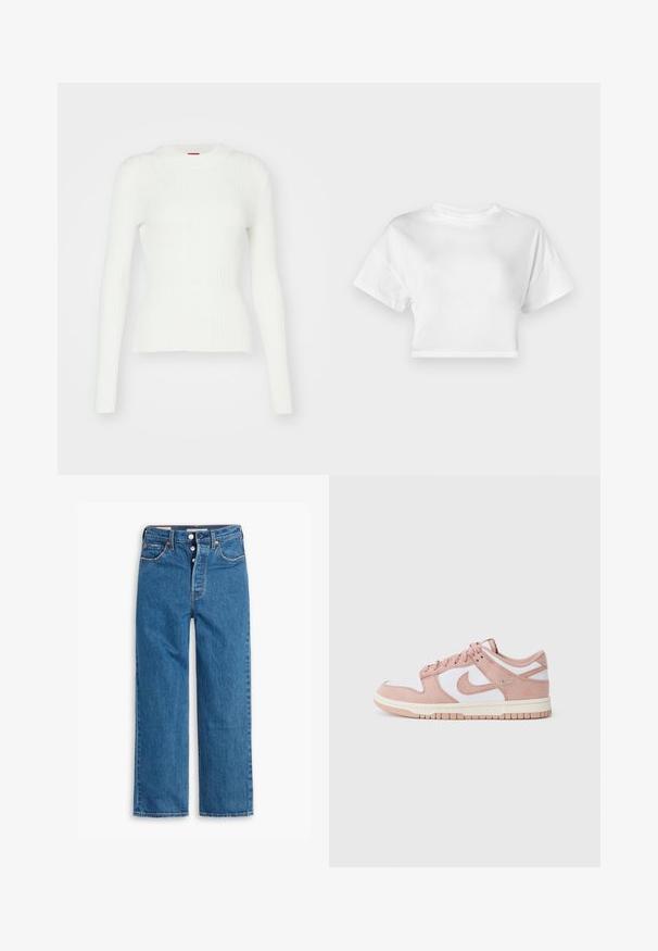 Valge ribaga pikkade varrukatega kootud sviiter, millel on figuuri järgiv lõige ja ümmargune kaelus. Pehme tekstuur ja peene venitus. Lõpetatud sirge servaga.; Valge lühikeste varrukatega puuvillane lühikeste varrukatega t-särk. Ümara kaelusega, sileda tekstuuriga, juhuslik disain ilma mustrite ja kaunistusteta.; Sinine denim sirgeda pükste talu kõrge vöökoht, viie taskuga disain ja nööbiga sulgemine. Silmapaistvad õmblused ja vase tooni nurgad.; Tenistijal on pehme roosa suede ülemine osa, valged nahkpaneelid ja tekstureeritud kummitald. Kõrge kvaliteediga swoosh logo külgedel, nööridega disain.