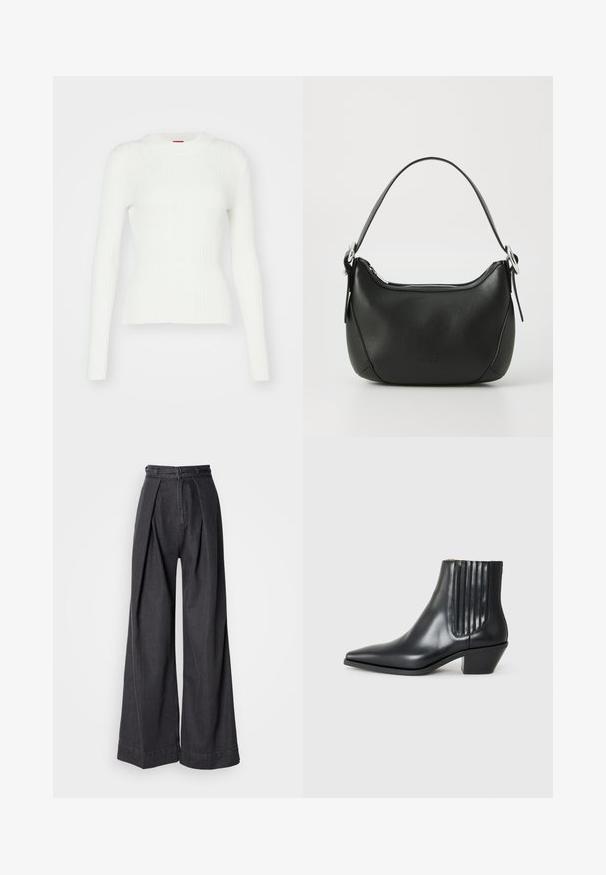 Balts ribots garām piedurknēm džemperis ar pieguļošu siluetu un apaļu dekoltē. Mīksta tekstūra un nedaudz stiepjas. Pabeigts ar taisnu apakšmalu.; Platas kājas melni džinsa bikses ar augstu jostasvietu, ar priekšējiem krokām un klasisku rāvējslēdzēju. Ass, līdzenas tekstūras apdare.; Melnas ādas potītes zābaki ar izsistu purngali, elastīgām sānu paneļiem ar vertikālām grodām un zemu bloku papēdi. Gluda tekstūra un elegants dizains.; Melnas ādas rokassoma ar izliekumu formu, sudraba rāvējslēdzis un īsu rokturi. Priekšpusē ir smalks logo un gluda tekstūra.