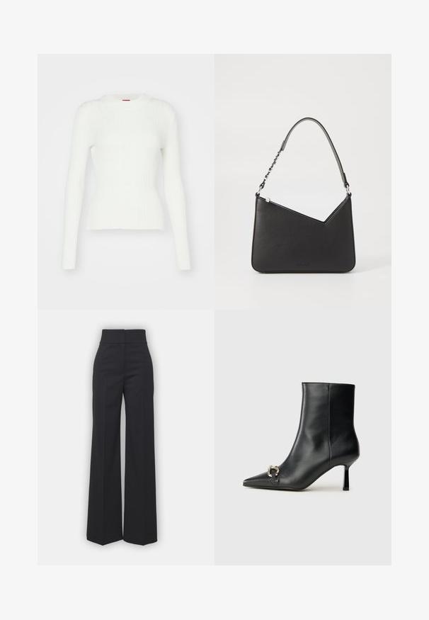White ribbed long-sleeve sweater with a fitted silhouette and round neckline. Soft texture and subtle stretch. Finished with a straight hem.; Wide-leg trousers in black fabric with a high waistband, featuring a clean finish and smooth texture. No visible hardware or patterns.; Black leather ankle boot with pointed toe, slim mid-height heel, and silver buckle detail on side against plain background.; Black leather handbag with a triangular shape, a slim strap, and silver hardware. Features a zip closure and embossed logo on the front.