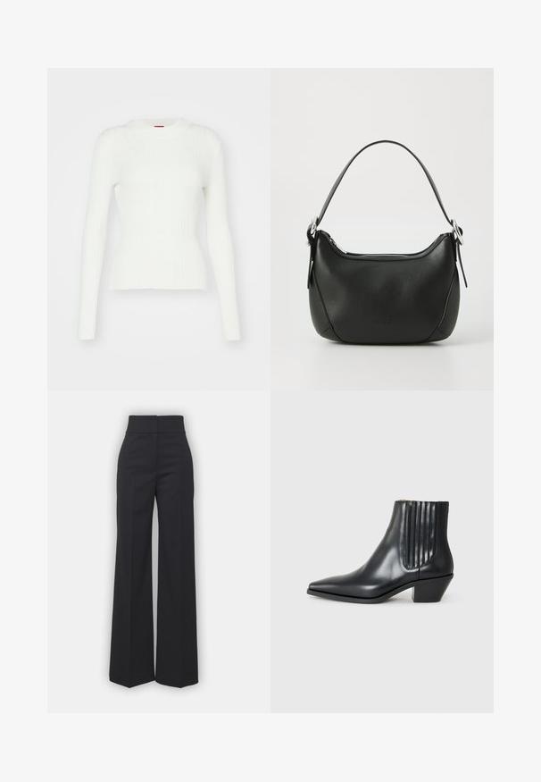 Maglione bianco a maniche lunghe con silhouette aderente e scollatura rotonda. Tessuto morbido e leggermente elasticizzato. Rifinito con un orlo dritto.; Pantaloni a gamba larga in tessuto nero con vita alta, caratterizzati da una finitura pulita e una texture liscia. Nessun hardware visibile o motivi.; Stivaletto in pelle nera con punta affusolata, pannelli laterali elasticizzati con scanalature verticali e tacco basso a blocco. Texture liscia e design elegante.; Borsa in pelle nera con forma curva, zip argentata e manico corto. Presenta un logo discreto sulla parte anteriore e una texture liscia.