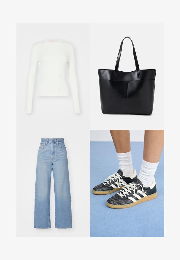 Balta praliejama ilgomis rankovėmis megztinis su prigludusia siluetu ir apvaliu kaklu. Minkšta tekstūra ir švelnus elastingumas. Baigtas tiesiu kraštu.; Šviesiai mėlynos aukšto liemens plačios kojos džinsai su priekiniais užtrauktukais ir sagom, priekinėmis ir galinėmis kišenėmis, ant baltos fono.; Juodos odinės sportbačiai su baltais dryžiais, apvalia nosimi, baltais raišteliais ir guminiu padu. Pabrėžti paminkštinta apykakle ir prekių ženklų detalėmis.; Juoda odinė rankinė su dviem ilgais diržais, lygiu paviršiumi ir struktūrizuota forma. Yra priekinė kišenė papildomam saugojimui.