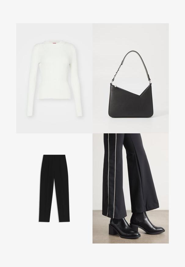 Maglione bianco a maniche lunghe con silhouette aderente e scollatura rotonda. Tessuto morbido e leggermente elasticizzato. Rifinito con un orlo dritto.; Pantaloni neri a taglio dritto, con doppie pieghe, una texture liscia e un design classico in vita. Nessun hardware o dettaglio visibile.; Stivaletti in pelle nera con tacco a blocco, dotati di pannelli elastici sui lati. Abbinati a pantaloni neri con una striscia bianca laterale.; Borsa a mano in pelle nera con forma triangolare, una tracolla sottile e accessori in argento. Presenta una chiusura con zip e un logo impresso sul davanti.