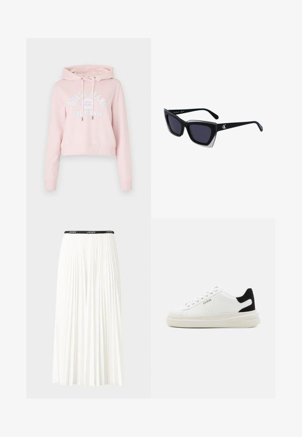 Rózsaszín, puha anyagból készült cropped kapucnis hoodie, kapucnival, zsinórokkal és fehér "Guess Jeans California" grafikával az elején.; Plisszírozott fehér szoknya fekete elasztikus derékkal, amelyen a "LACOSTE" logó található. Középhosszú kialakítás, puha tapintással.; Fehér bőr sportcipők vastag fehér talppal, fekete velúr sarokpikkelyel és dombornyomott logóval az oldalon. Fűzős kialakítás, hat fűzőlyukkal.; Fekete, nagyméretű napszemüveg geometrikus formával, sötét lencsékkel és kontrasztos szürke részlettel a kereten. Logó a szárán.