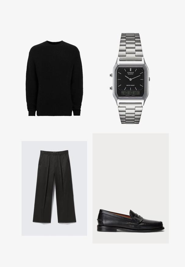 Sort sweater lavet af tekstureret strikket stof, med en rund halsudskæring og lange ærmer, samt ribstrikkede manchetter og kant.; Sorte vide bukser med en glat tekstur, som har to frontlommer og en let forhøjet talje.; Sorte læder slip-on sko med rund tå, syede detaljer og et dekorativt bånd tværs over fronten. Flad sål med et minimalistisk design.; Sølv rustfrit stål kvartsur med en sort rektangulær urskive, der har analoge visere, digital skærm og vandtæt label.