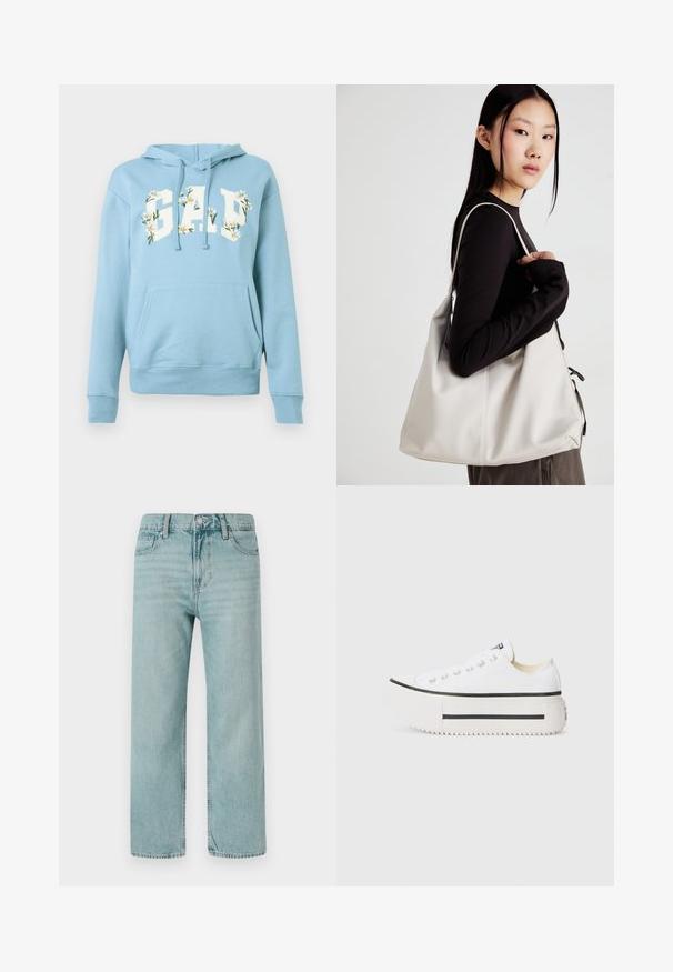 Svijetloplavi dukserica s prednjim kengur džepom, uzicom i natpisom "GAP" ukrašenim bijelim cvjetovima tratinčica na grudima.; Svijetloplave široke traperice napravljene od denima, s klasičnim pet džepnim dizajnom, čistim linijama i regularnim pojasom s gumbom.; Beli platvormski tenisi iz platna z črnim gumijastim čevljem, okrogla konica in kovinske luknje, ki se ponašajo s preprostim, čistim dizajnom.; Bežna torbica iz mehkega materiala, z ohlapno zasnovo, šivi in dvema naramnicama. Primerna za vsakodnevno uporabo.