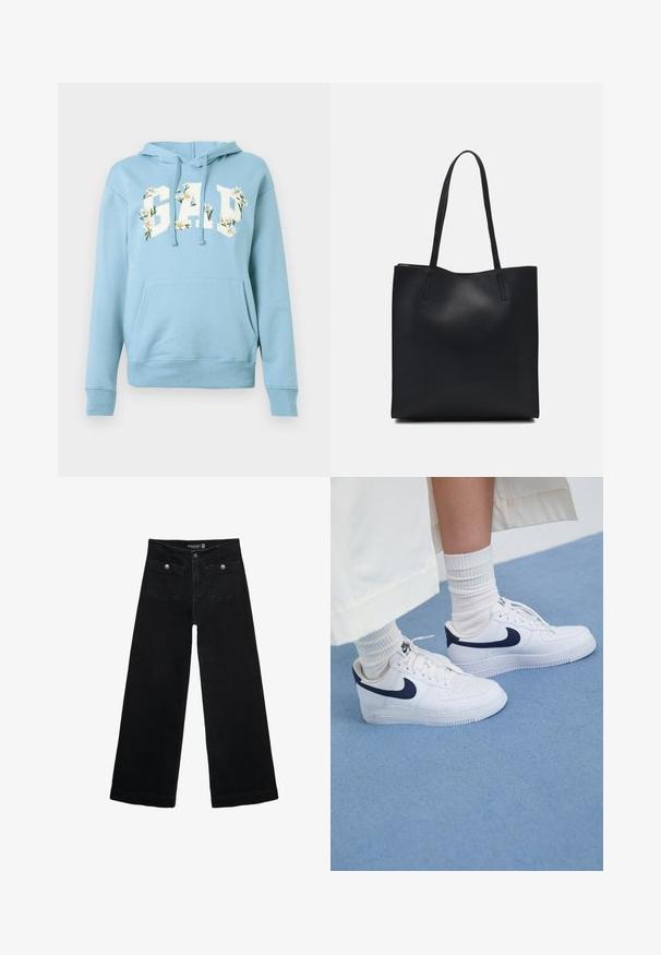 Svijetloplavi dukserica s prednjim kengur džepom, uzicom i natpisom "GAP" ukrašenim bijelim cvjetovima tratinčica na grudima.; Črne široke kavbojke z visokim pasom, ki imajo dva sprednja žepa in kovinske gumbi. Tkanina ima gladko teksturo.; Beli Nike Air Force 1 teniske z mornarskimi detajli, perforiranim prstnim delom, ravnimi vezalkami in gumijastim podplatom, v kombinaciji z rebrastimi belimi nogavicami.; Črna usnjena torba s svilnato teksturo, pravokotne oblike in dvema dolgima ročajema. Brez vidnih metalnih delov ali okrasnih elementov.
