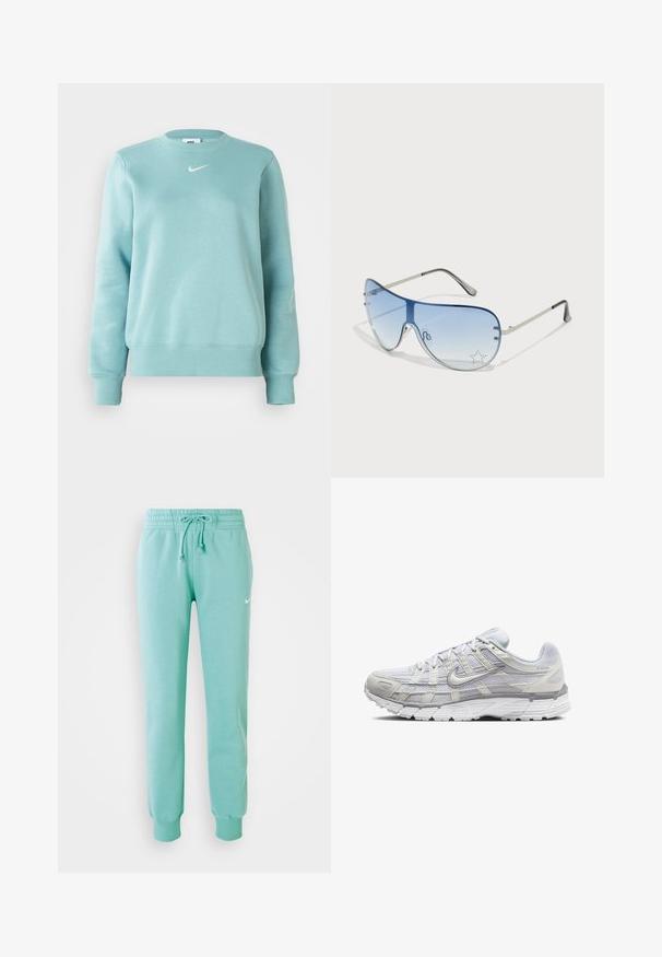 Svetlo modra trenirka z rebrastimi manšetami in robom, okroglim ovratnikom in malim belim logotipom na prsih. Narejena iz mehke tkanine.; Minta zelena trenirka z elastičnim pasom, vrvico in rebrastimi manšetami. Ima majhen beli Nike logotip na levem stegnu.; Svetlo sivi atletski čevlji z zgornjim delom iz mrežaste in sintetične tkanine, opremljeni z vezalkami, oblazinjenim ovratnikom in teksturiranim podplatom za dober oprijem.; Pilotne sončne očala z gradijentnimi modrimi lečami, srebrnim kovinskim okvirjem in okrasnimi zvezdastimi detajli na lečah. Gladek in eleganten dizajn.