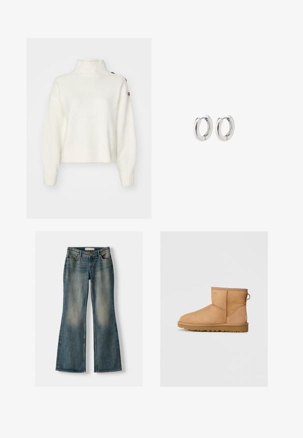 Maglione bianco e soffice con colletto alto a coste, maniche larghe e orlo a coste. Presenta bottoni sulla spalla per un tocco di dettaglio in più.; Jeans flare blu con lavaggio sbiadito, cinque tasche e chiusura con bottone. Il materiale presenta una trama in denim con dettagli di cucitura sottili.; Stivali ankle in suede color tan con punta tonda, dettagli cuciti, linguetta sul retro e suola in gomma texture. Progettati per comfort e calore.; Orecchini a cerchio in argento con una finitura lucida, caratterizzati da un design circolare e cerniere senza soluzione di continuità, che mostrano una superficie liscia.