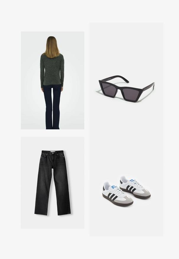 Tmavě šedý textured svetr s dlouhými rukávy, zkombinovaný s tmavě modrými zvonovými džíny a černými botami na blokovém podpatku, z pohledu zezadu.; Bershka Džíny Straight Fit - mottled dark grey; Sportovní boty s bílým koženým svrškem, šedou semišovou špičkou a třemi černými pruhy. Obsahují modré logo na jazyku a texturovanou gumovou podrážku.; Černé, ostré sluneční brýle s šedými skly; vyrobené z plastu, s mohutnými rameny a hladkým povrchem bez viditelného hardwaru.