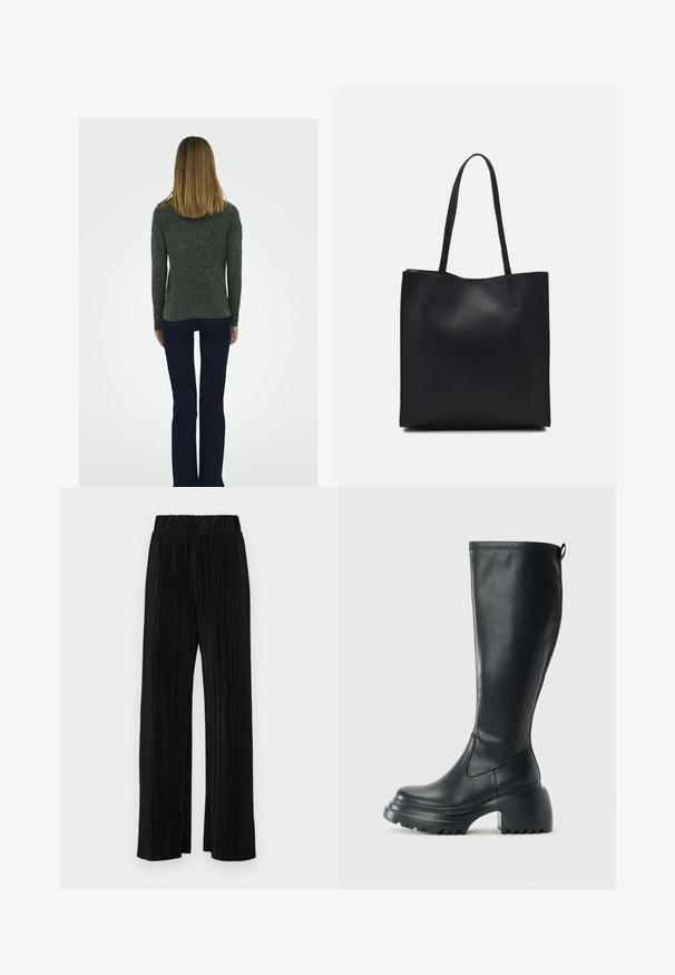 Tumši pelēks, teksturēts džemperis ar garām piedurknēm, apvienots ar tumši ziliem platām biksēm un melniem zābakiem ar bloku papēžiem, redzams no aizmugures.; Melni plīšu bikses ar elastīgu jostu. Tām ir platākas kājas un gluda, teksturēta auduma ar vertikālām svītrām.; Augstas melnas ādas zābakus ar masīvu platformu un bloka papēdi, ar vilkšanas cilpu un strukturētu profilu uz ārējā zoles.; Melnas ādas somiņa ar gludu tekstūru, taisnstūra formu un divām garām rokturiem. Nav redzamu aparatūras vai rotājumu.