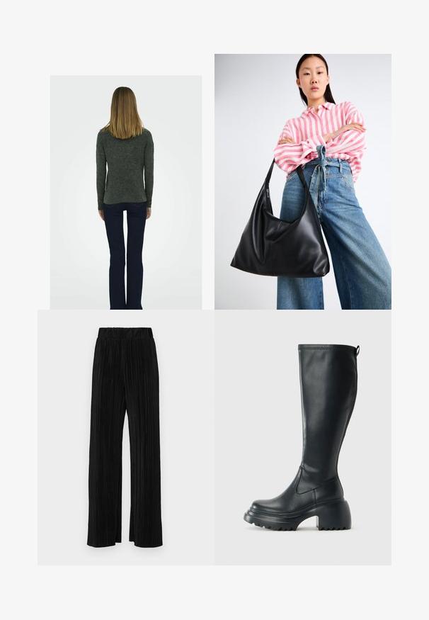 Suéter de textura gris oscuro con mangas largas, combinado con unos vaqueros oscuros de campana y botas negras de tacón cuadrado, visto desde la parte posterior.; Pantalones negros de pliegues con una cintura elástica. Presentan piernas anchas y una tela suave y texturada con rayas verticales.; Bota alta de cuero negro con suela de plataforma gruesa y tacón cuadrado, que cuenta con una lengüeta y un relieve texturizado en la suela exterior.; Bolso de hombro de cuero negro con forma relajada y detalles de costura. La modelo lleva una camisa a rayas rosas y blancas con jeans de pierna ancha azules.