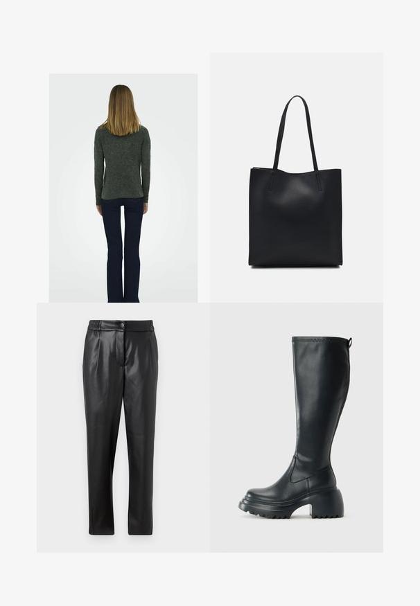 Tmavě šedý textured svetr s dlouhými rukávy, zkombinovaný s tmavě modrými zvonovými džíny a černými botami na blokovém podpatku, z pohledu zezadu.; Černé kožené kalhoty s hladkou texturou, rovným střihem, elastickým pasem a zapínáním na knoflík vpředu; s plisovanými detaily a zúženými nohavicemi.; Vysoká černá kožená bota s masivní platformou a blokovým podpatkem, s poutkem a texturovaným vzorkem na podrážce.; Černá kožená taška přes rameno s hladkým povrchem, obdélníkovým tvarem a dvěma dlouhými uchy. Žádné viditelné kování ani ozdoby.
