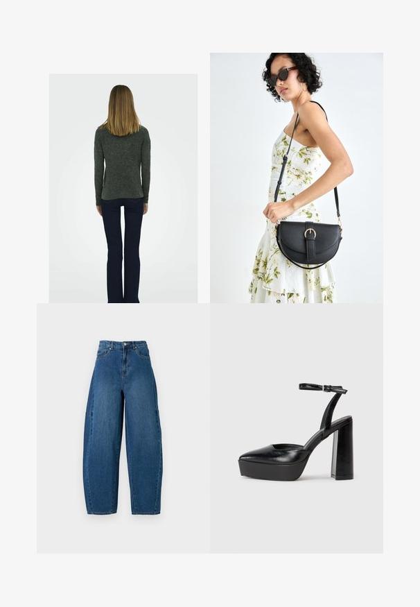 Dark grey, textured sweater with long sleeves, paired with dark blue flared jeans and block-heeled black boots, viewed from the back.; Denim jeans in a medium blue wash, featuring a high waist, wide leg cut, and standard five-pocket design with visible stitching details.; Black platform heels with a pointed toe and adjustable ankle strap. Constructed from smooth leather, featuring a chunky block heel.; Black leather handbag with a curved shape, detachable strap, and gold hardware. The bag features a flap with a buckle detail.