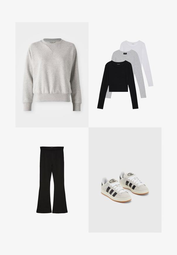 Világosszürke pulóver, kerek nyakkivágással és bordás díszítéssel. Lazább fit és enyhe bordázott textúra jellemzi az ujjaknál és a deréknál.; Három hosszú ujjú póló egymásra rakva: fekete, szürke és fehér. Mindegyiknek kerek nyaka van, és rövidített fazonnal rendelkezik, sima, könnyű anyagból készült.; Fekete trapéz leggings rugalmas anyagból készült. Széles derékpánttal és sima textúrával rendelkezik, illeszkedő sziluettje van, amely a szegélyen kigyullad.; Szürke velúr sportcipők fehér fűzővel, fekete csíkokkal és fehér gumitalppal. A nyelvén kör alakú logó található, illetve a talpa színes gumi.