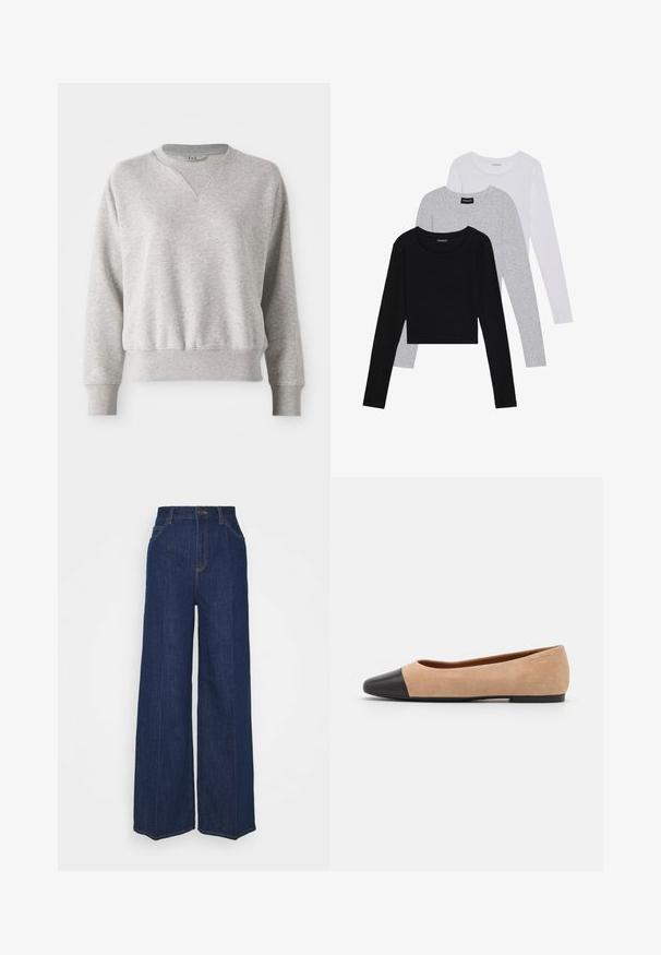 Jasnoszara bluza z okrągłym dekoltem i prążkowanymi wykończeniami. Charakteryzuje się luźnym krojem oraz delikatną prążkowaną teksturą na mankietach i w pasie.; Trzy bluzki z długim rękawem ułożone jedna na drugiej: czarna, szara i biała. Każda z okrągłym dekoltem i skróconym fasonem, wykonana z gładkiego, lekkiego materiału.; Jeansy z wysokim stanem, szerokimi nogawkami w ciemnoniebieskim kolorze, z kieszeniami z przodu i z tyłu, z zapięciem na guzik oraz widocznymi detalami w stieniu.; Beżowe zamszowe baleriny z czarnym skórzanym okrągłym noskiem, niskim obcasem i gładką teksturą, charakteryzujące się minimalnym przeszyciem i prostym designem.