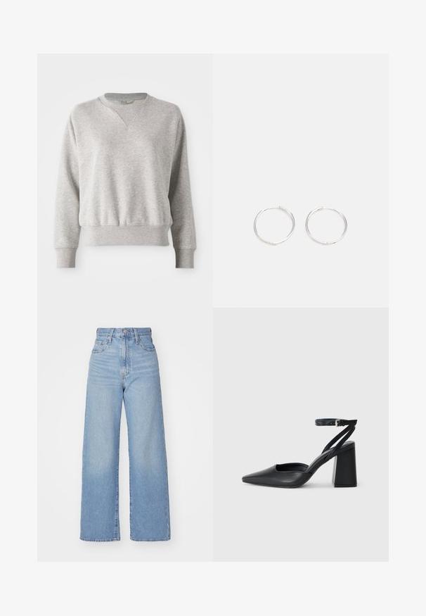 Világosszürke pulóver, kerek nyakkivágással és bordás díszítéssel. Lazább fit és enyhe bordázott textúra jellemzi az ujjaknál és a deréknál.; Világoskék, magas derekú, bő szárú farmernadrág, elülső gombbal és cipzárral, elülső és hátsó zsebekkel, fehér háttérrel.; Fekete bőr, hegyes orrú magassarkú cipő boka pánttal és vastag sarokkal. Sima textúra, elegáns dizájn és minimális esztétika.; Ezüst karika fülbevalók, letisztult, kerek formával, sima felülettel és látható díszítés nélkül. A átmérő nem megadott.