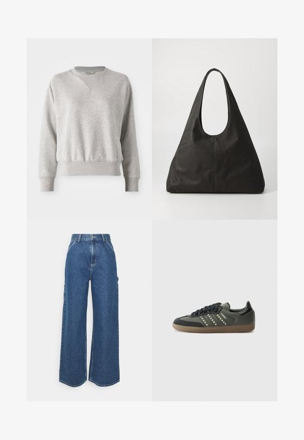 Světlé šedé mikiny s kulatým výstřihem a žebrovaným lemem. Má uvolněný střih a mírně žebrovanou texturu na manžetách a pase.; Široké modré džíny s vysokým pasem, kontrastním šitím a postranními kapsami, které mají klasický design s pěti kapsami a rozstřižené lemy.; adidas Originals SAMBA OG - Tenisky - core black/legend earth/gum; Černá kožená taška přes rameno s zakřiveným držadlem, prodlouženým trojúhelníkovým tvarem a hladkým povrchem. Disponuje minimalistickým designem bez viditelného kování.