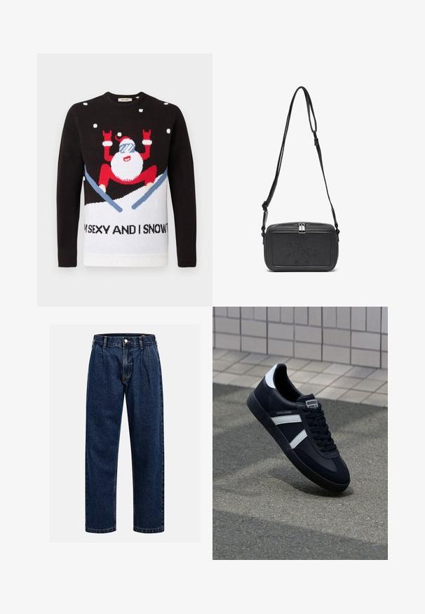 Black knit sweater with white lower section featuring a Santa figure in red with sunglasses and snow. Text reads, "I'M SEXY AND I SNOW IT."; Dark blue denim jeans with a straight-leg design. Features visible stitching, a button closure, and front pleats for added detail.; Black leather sneaker with white stripes, textured rubber sole, and lace-up front. Features a branded label on the tongue.; Black leather crossbody bag with a zip closure, embossed logo on the front, and adjustable strap. Smooth texture with a rectangular shape.