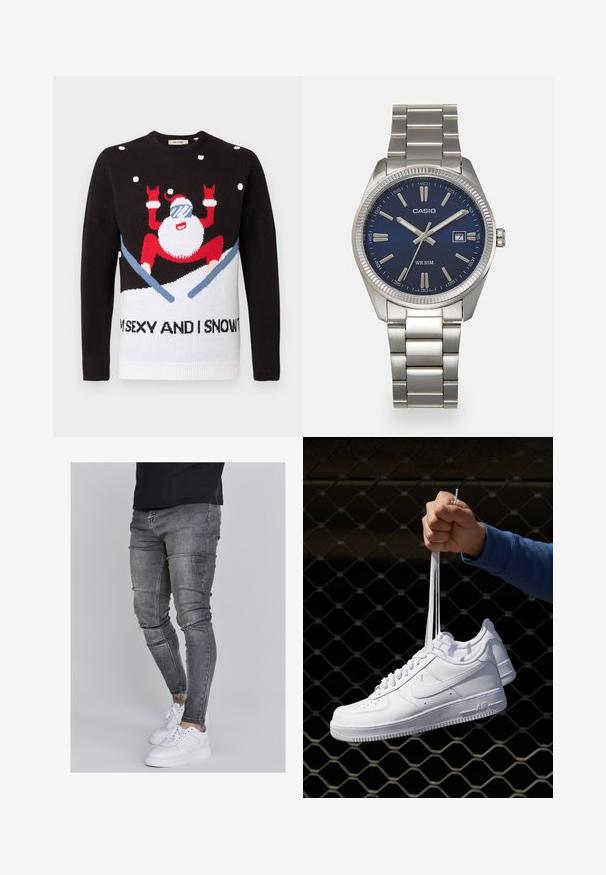 Schwarzer Strickpullover mit einem weißen unteren Abschnitt, der eine Santa-Figur in Rot mit Sonnenbrille und Schnee zeigt. Der Text lautet: "ICH BIN SEXY UND WEISS ES."; Schlanke Jeans aus ausgebleichtem grauem Denim, mit abgenutzten Details an den Knien, kombiniert mit weißen Sneakers. Glatte Textur, schlanker Schnitt.; Weiße Leder-Sneaker mit Perforationen, runder Zehenpartie, flacher Sohle und dicken Schnürsenkeln, mit sichtbar eingesticktem Swoosh-Logo und "AIR" an der Ferse.; Silberner Armbanduhr aus Edelstahl mit einem dunkelblauen Zifferblatt, metallischen Stundenmarkierungen und einem Datumsfenster bei 3 Uhr. Wasserdicht bis 50 Meter.