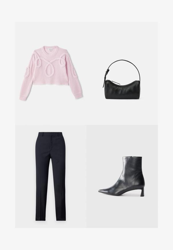 Rózsaszín, cropped pulóver bordázott textúrával, fonott részletekkel a vállon és a karokon. Puha kötött anyagból készült.; Tengerészkék, egyenes szabású, szabott nadrág sima textúrával, két elülső zsebbel és letisztult derékkal.; Fekete bőr bokacsizma hegyes orral és letisztult dizájnnal. Alacsony sarka és hátsó cipzáras záródása van. Simának tűnő textúra.; Fekete bőr válltáska ívelt formával, cipzáros záródással és vékony pánttal. Simaságot és diszkrét varrási részleteket kínál.