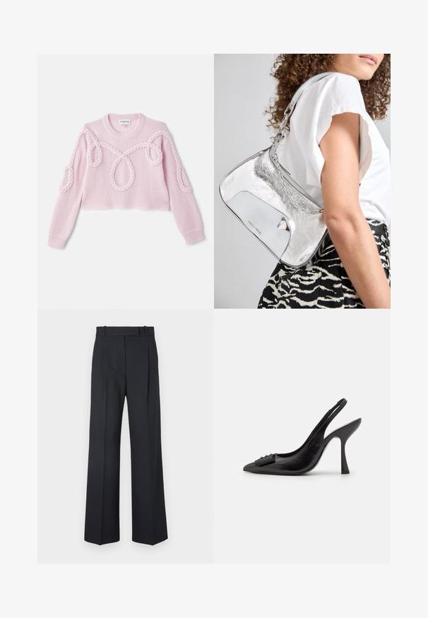 Rosa geschnittenes Sweatshirt mit gerippter Textur und geflochtenen Details an den Schultern und Ärmeln. Hergestellt aus weichem Strickmaterial.; Dunkelblaue Nadelstreifenhosen mit hoher Taille, weit geschnittenem Bein und ohne sichtbare Beschläge oder Verzierungen. Glatte Textur und taillierte Passform.; Schwarzer Leder-Slingback-Schuh mit spitzem Zehenbereich, schlankem High Heel und dekorativem Schleifenakzent. Glatte Textur und elegantes Design.; Silberne metallische Schultertasche mit glatter Textur, geschwungenem Design, Kettenriemen und einer glänzenden Vorderseite mit einer dezenten Logo-Gravur.; Silberohrringe mit einem fließenden, spiralförmigen Design. Glatte Textur mit polierter Oberfläche. Verfügt über einen subtilen Glanz und keine sichtbaren Verzierungen.