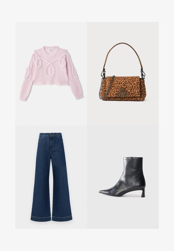 Vaaleanpunainen lyhyt neulepaita, jossa on uurrettu pinta ja punottu yksityiskohta olkapäillä ja käsivarsilla. Valmistettu pehmeästä neulotusta kankaasta.; Siniset farkut leveällä lahkeella ja korkealla vyötäröllä, jossa on nappikiinnitys, vyölenkit sekä huomaamattomat tikkaus yksityiskohdat taskuissa ja lahkeissa.; Musta nahkainen nilkkabotti, jossa on teräväkärkinen muotoilu ja tyylikäs design. Varusteena matala korko ja takana vetoketjukiinnitys. Sileä pinta.; Käsilaukku, jonka kuosi on leopardikuvioinen, valmistettu mokasta. Siinä on lyhyt käsittely sekä ketjuolkaintuki ja musta metallikiinnitys. Laukku on suorakulmainen muotoinen ja siinä on läpällä suljettavissa.